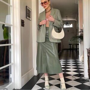 BLOGGER'S FAVE! Zara Faux Leather Midi Skirt Olive Green NWT